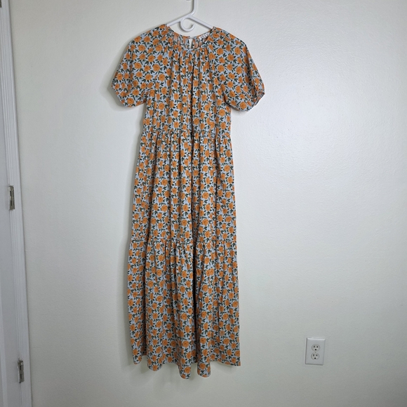 ​TCEC 100% Cotton Floral Maxi Dress S Orange Blue Puff Sleeve Tiered Summer - Picture 7 of 8